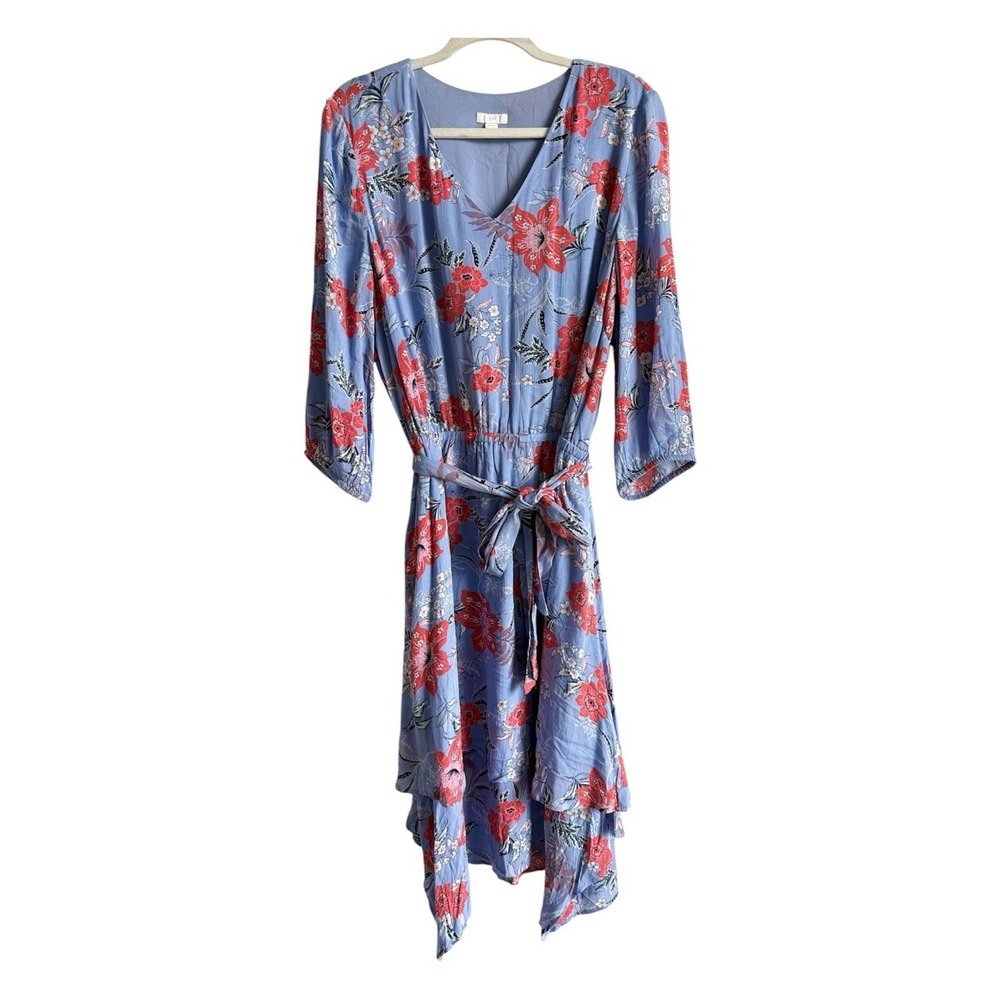 J. Jill Tropical Floral Dipped Asymmetrical Hem Dress Periwinkle Womens Size LP